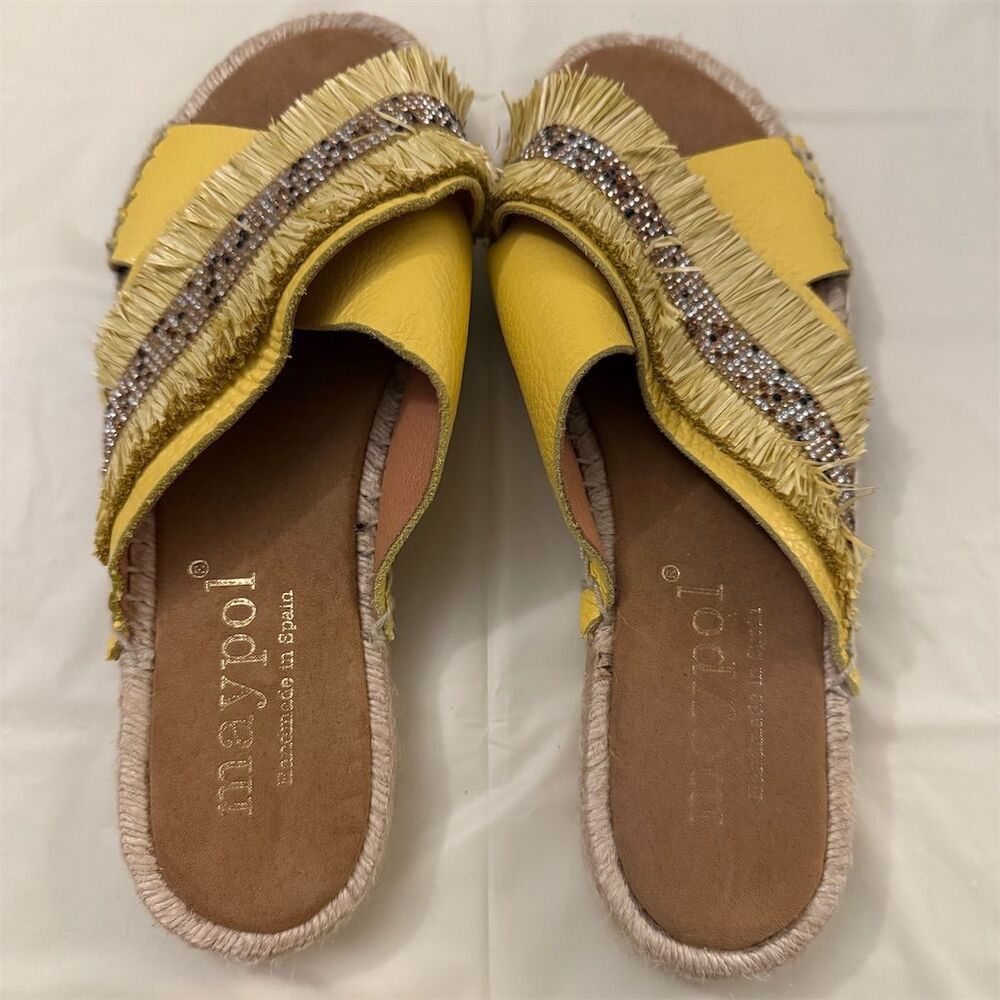 Maypol Women's Yellow Fringed Espadrille‎ Slides Sandals Size 8.5
